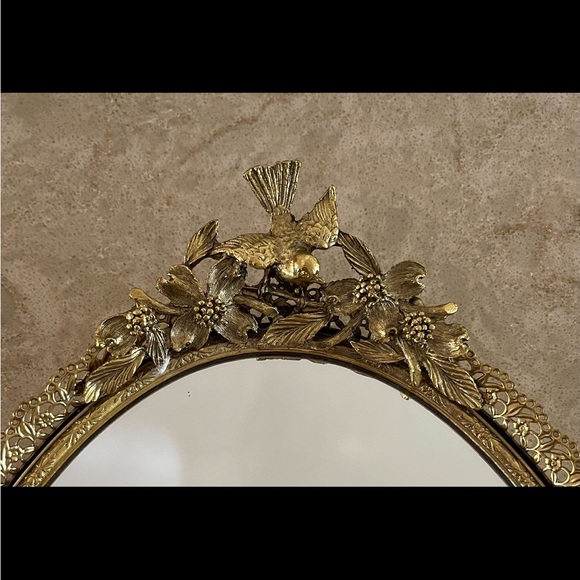 MATSON (?) Vintage Antique Bird Mirror Perfume Vanity Gold Tone Tray - Picture 2 of 9